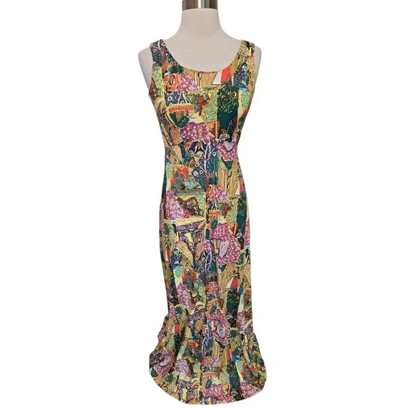 70s Vintage Long Dress Indian Gods Patchwork Print And Matching Shirt Hippie - Picture 5 of 13